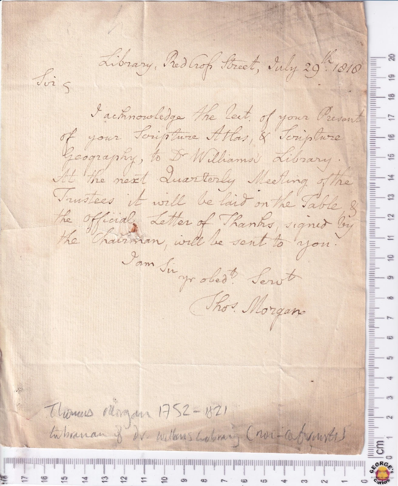 Thomas Morgan Welsh Minister 1p ALS Autograph Letter 1818 re Dr Williams Library