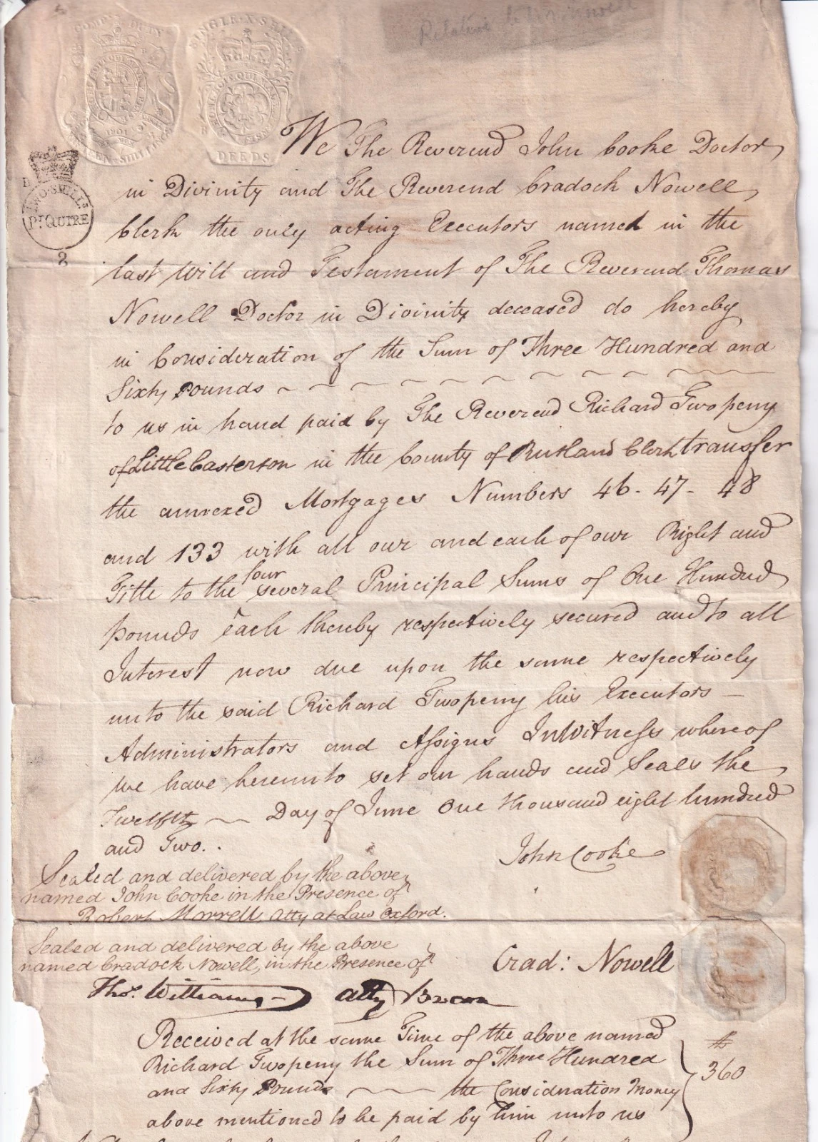 Turnpike Bonds Mortgage Document £400 Welsh Thomas Nowell Casterton Rutland 1802