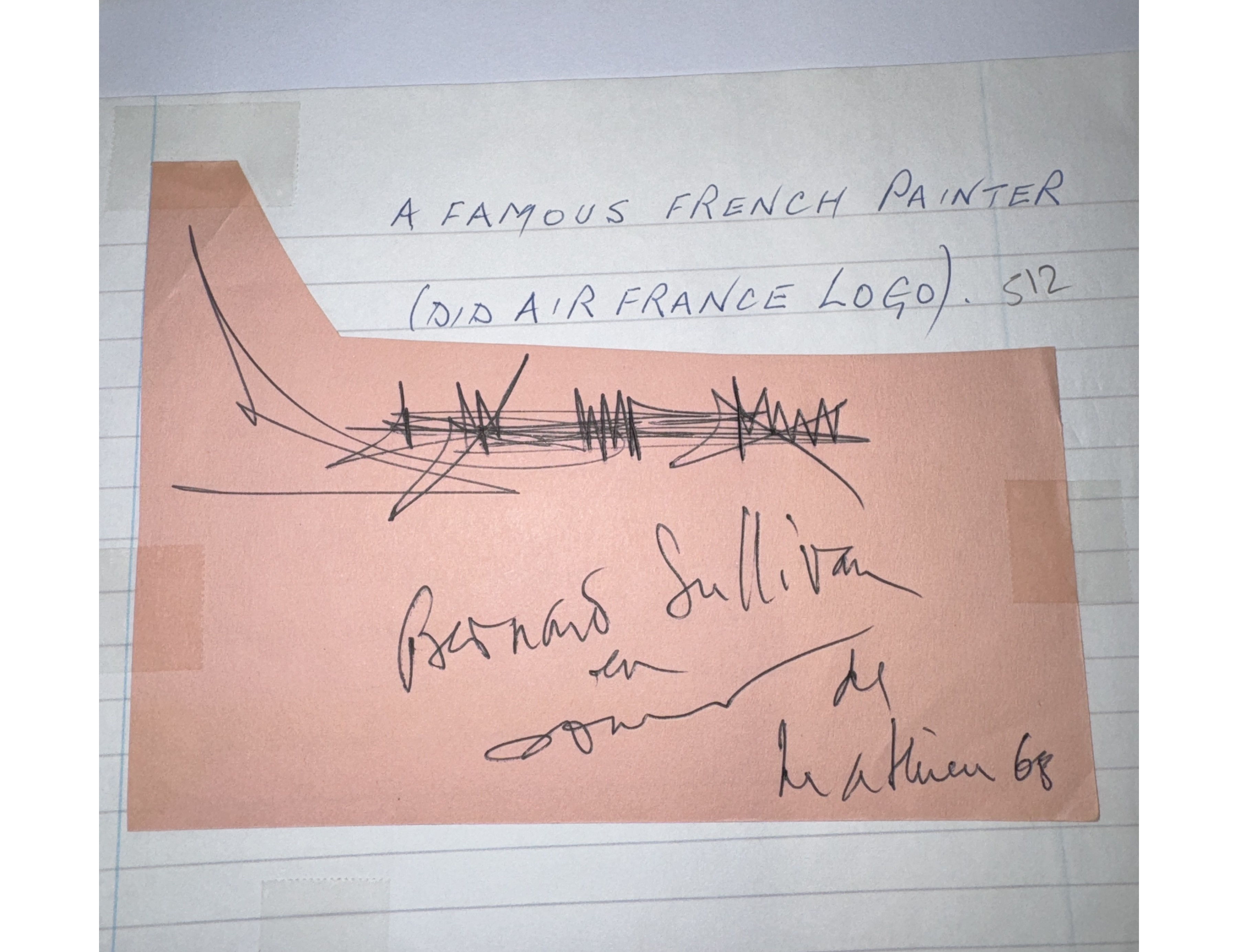 Georges Mathieu Painter Autograph Slip Abstract Aircraft Doodle 1968 Air France
