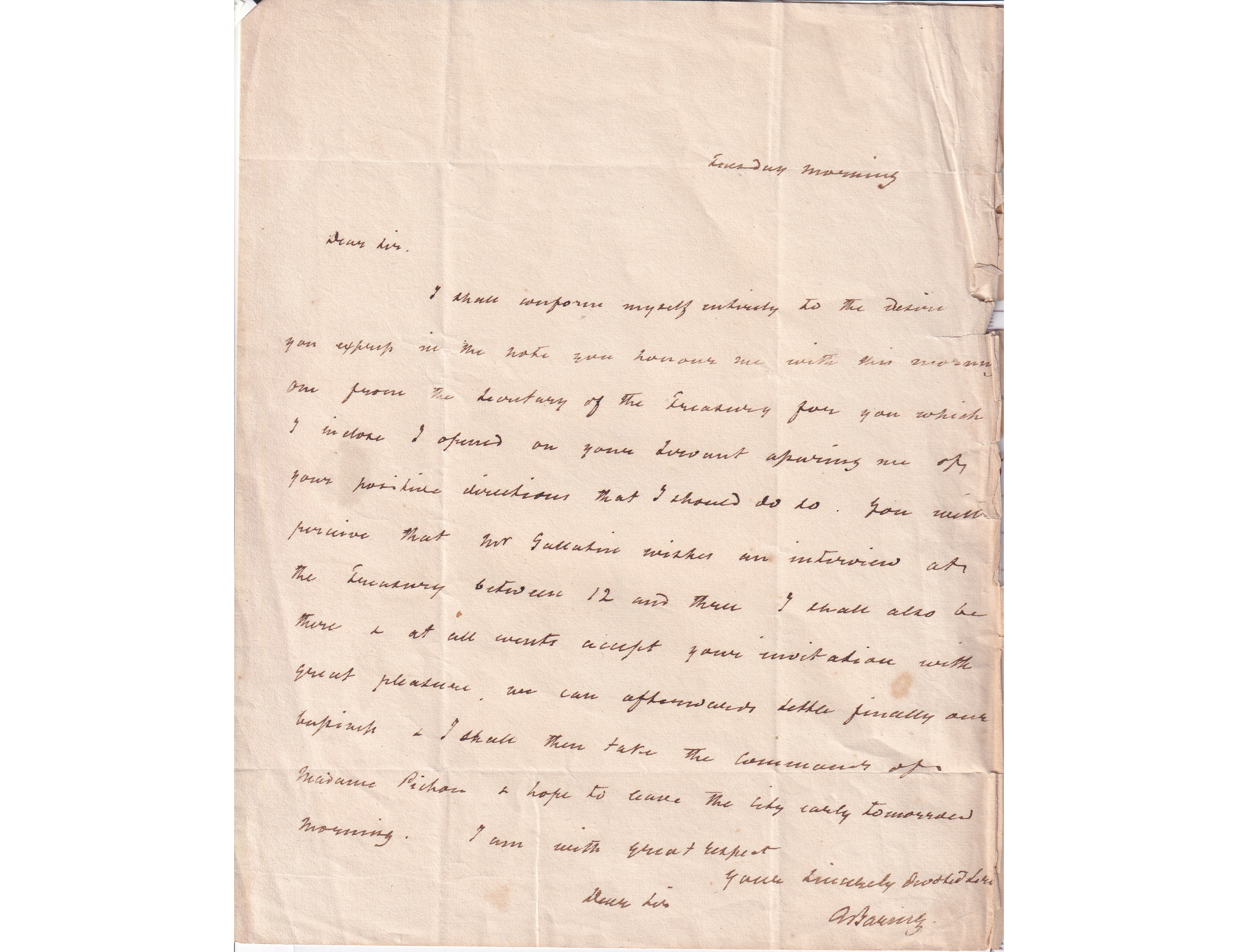Alexander Baring ALS Letter to Louis-André Pichon re Albert Gallatin USA c 1802