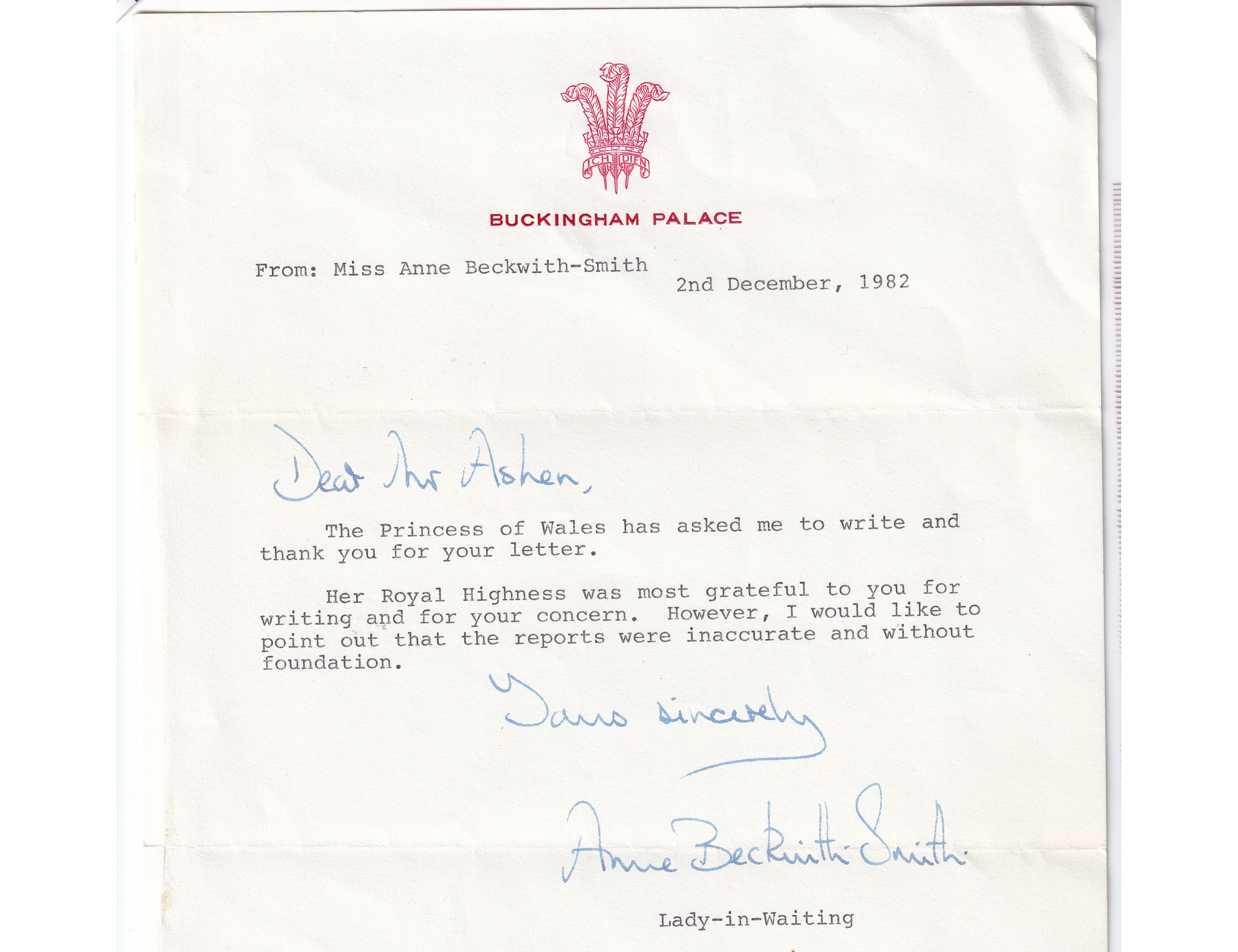 1982 Buckingham Palace TLS Anne Beckwith‑Smith – Diana Princess of Wales Concern
