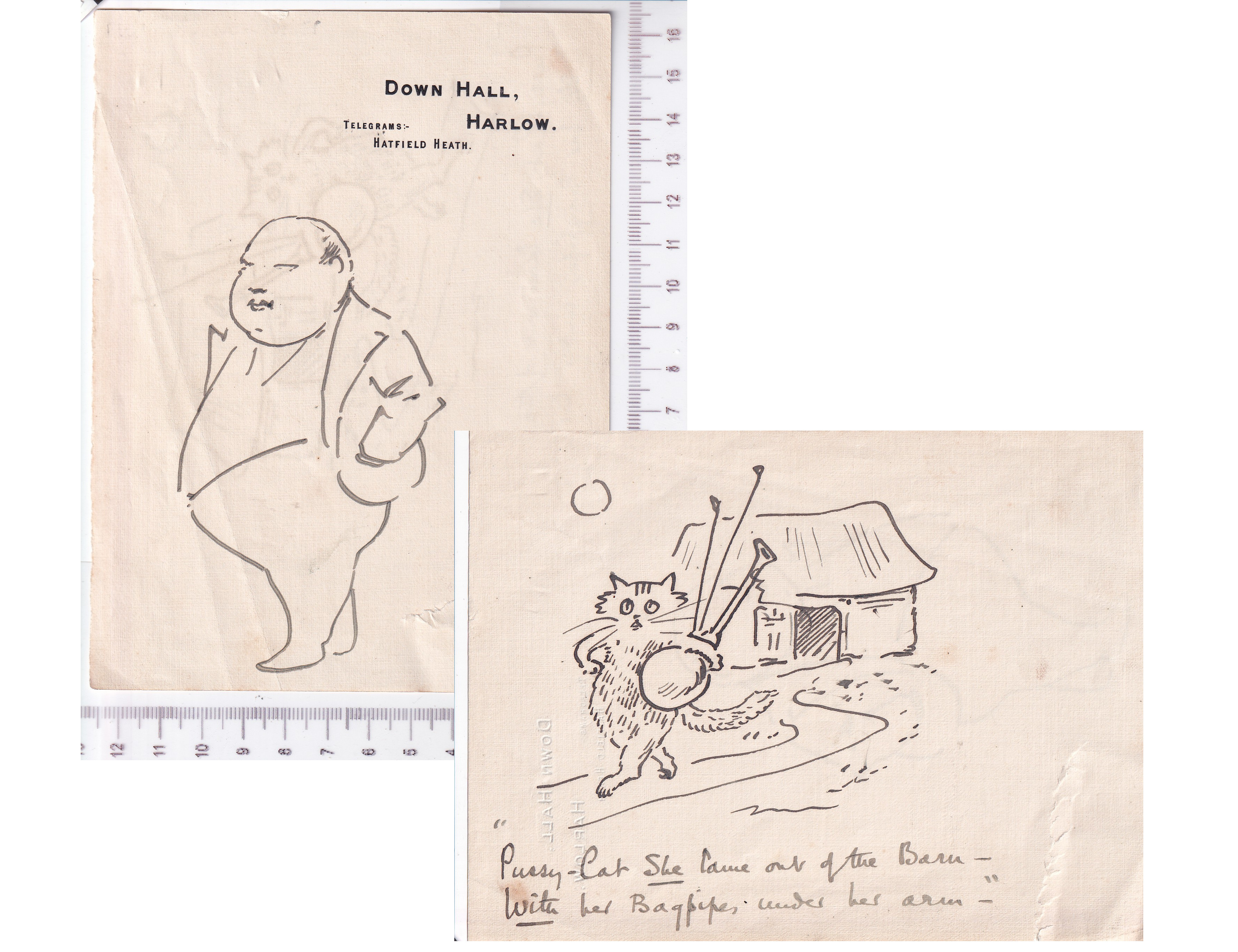 Cat Ink Drawing After Louis Wain & Man Caricature, Down Hall Harlow Essex c 1900