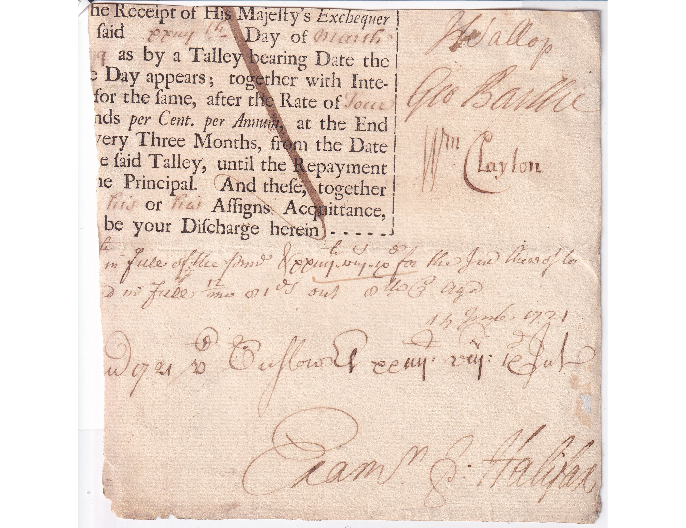1719 Exchequer Loan Pay Order Treasury Autograph Wallop Baillie Halifax Clayton
