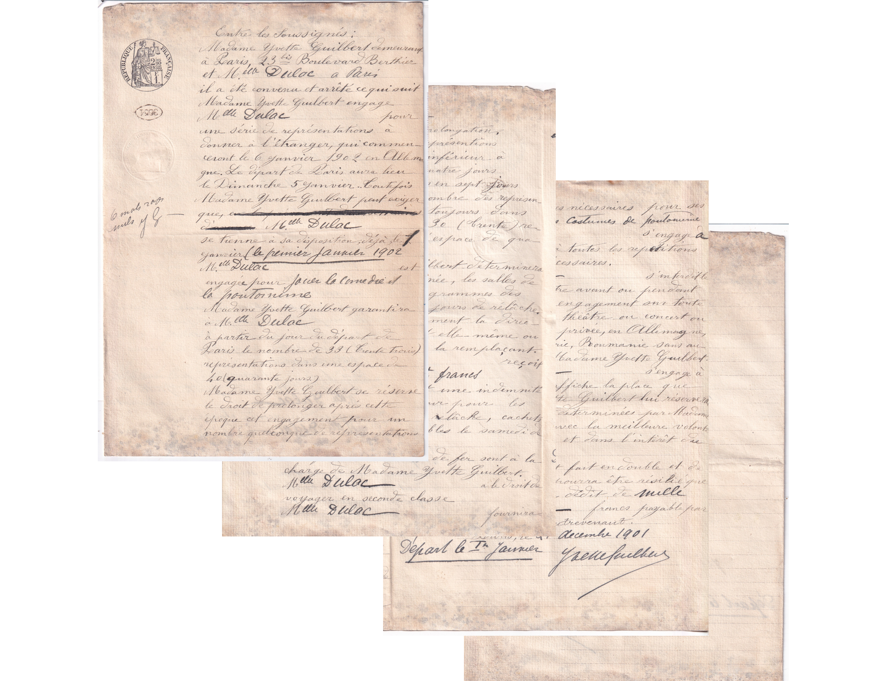 Yvette Guilbert 3p Autograph 1901 Contract - Jeanne Dulac Montmartre en Ballade