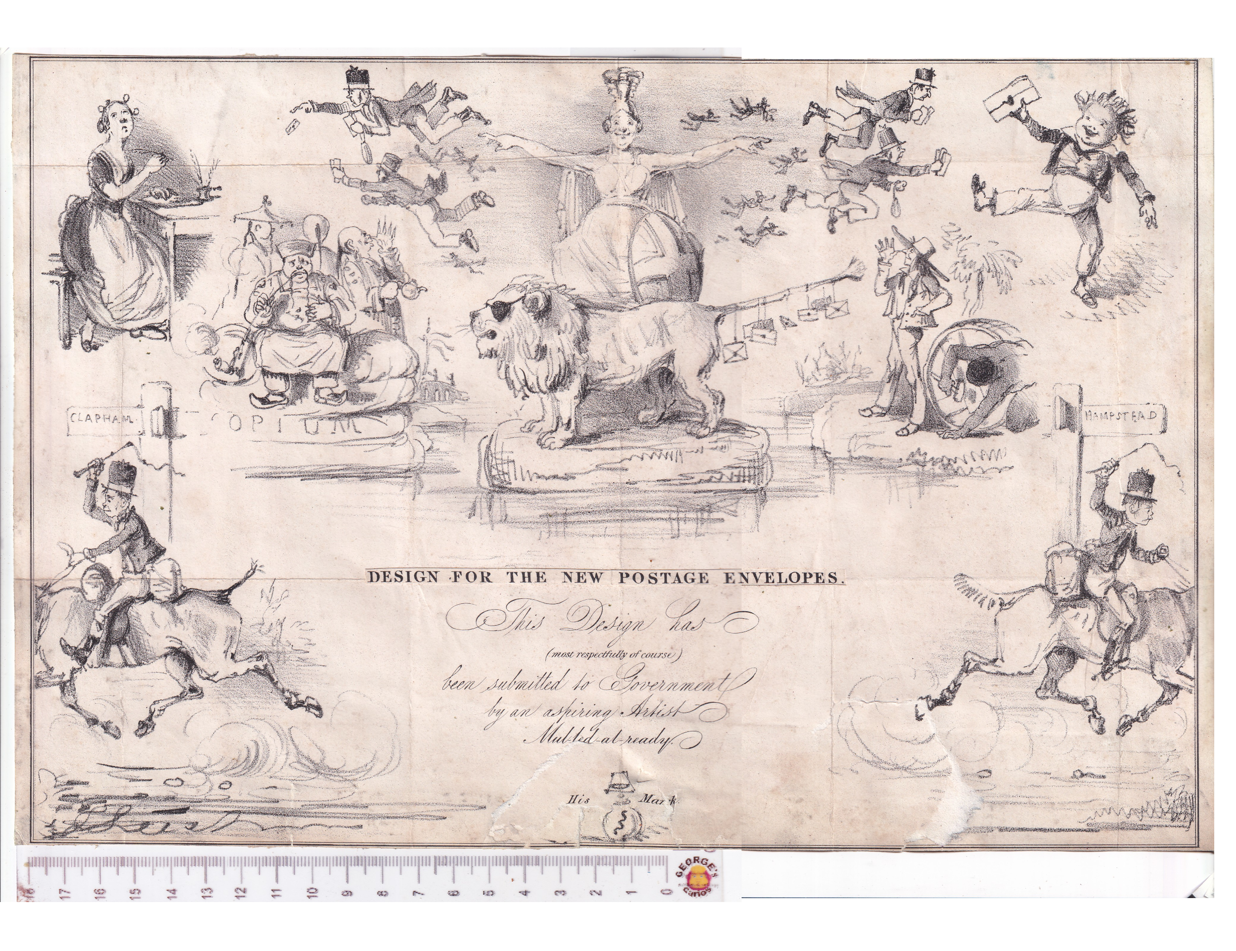 1840 Mulready Comic Envelope Proof? John Leech Fores No.1 Lion Spectacles 13×10″