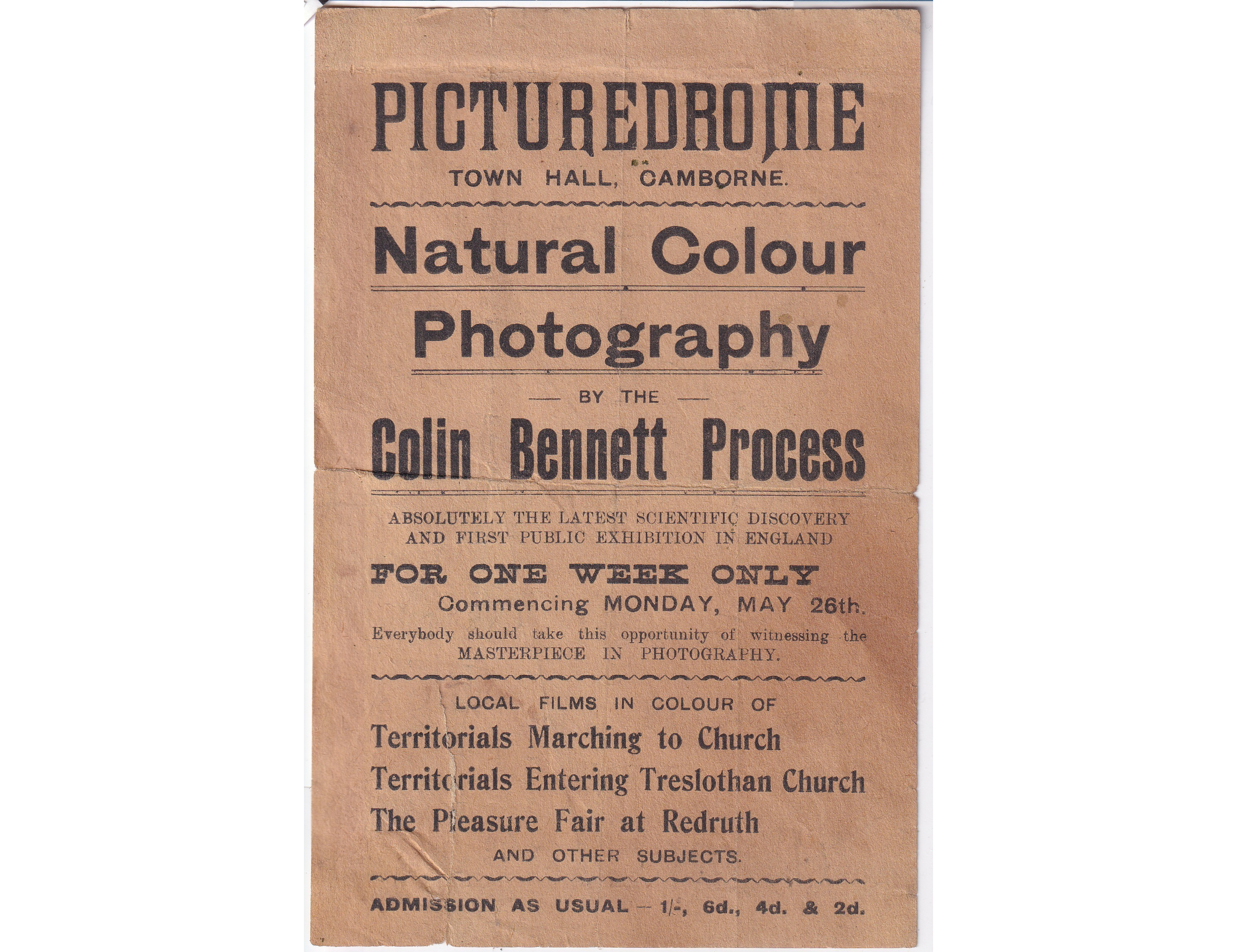 c 1913 Camborne Picturedrome Handbill Colin Bennett Process Early Colour Cinema