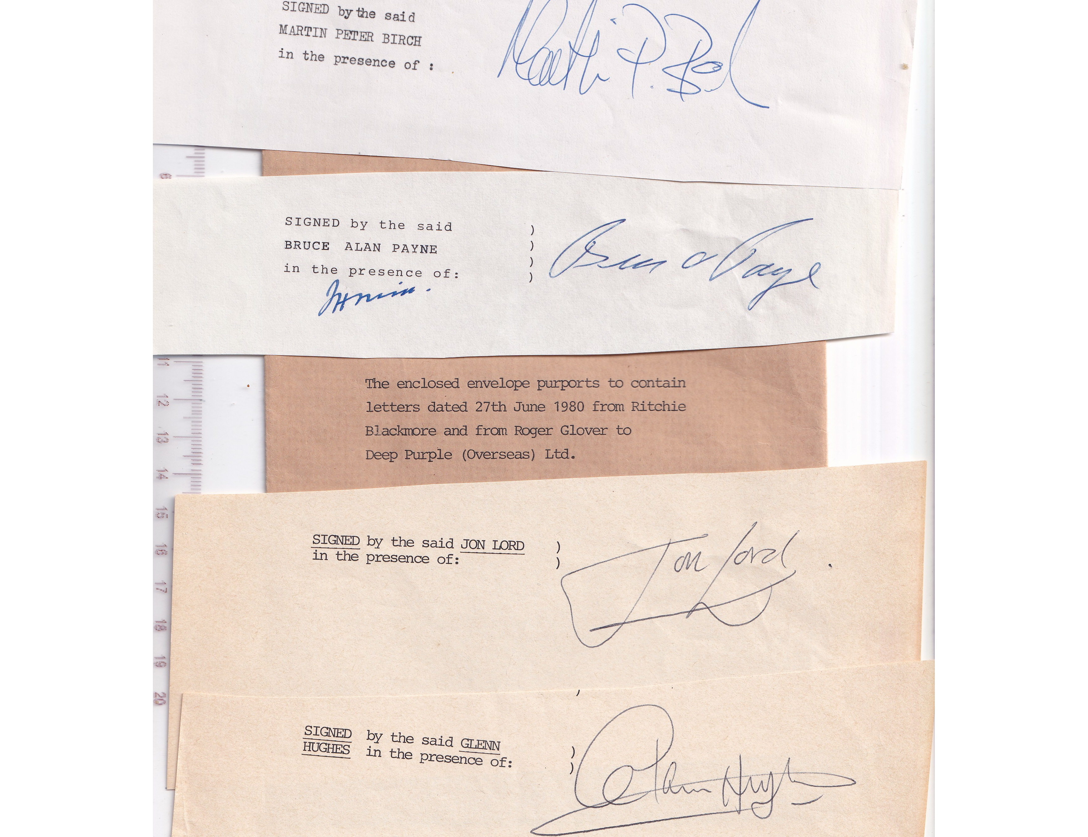 Deep Purple Band Legal Archive Autograph Jon Lord Glenn Hughes Martin Birch 1980