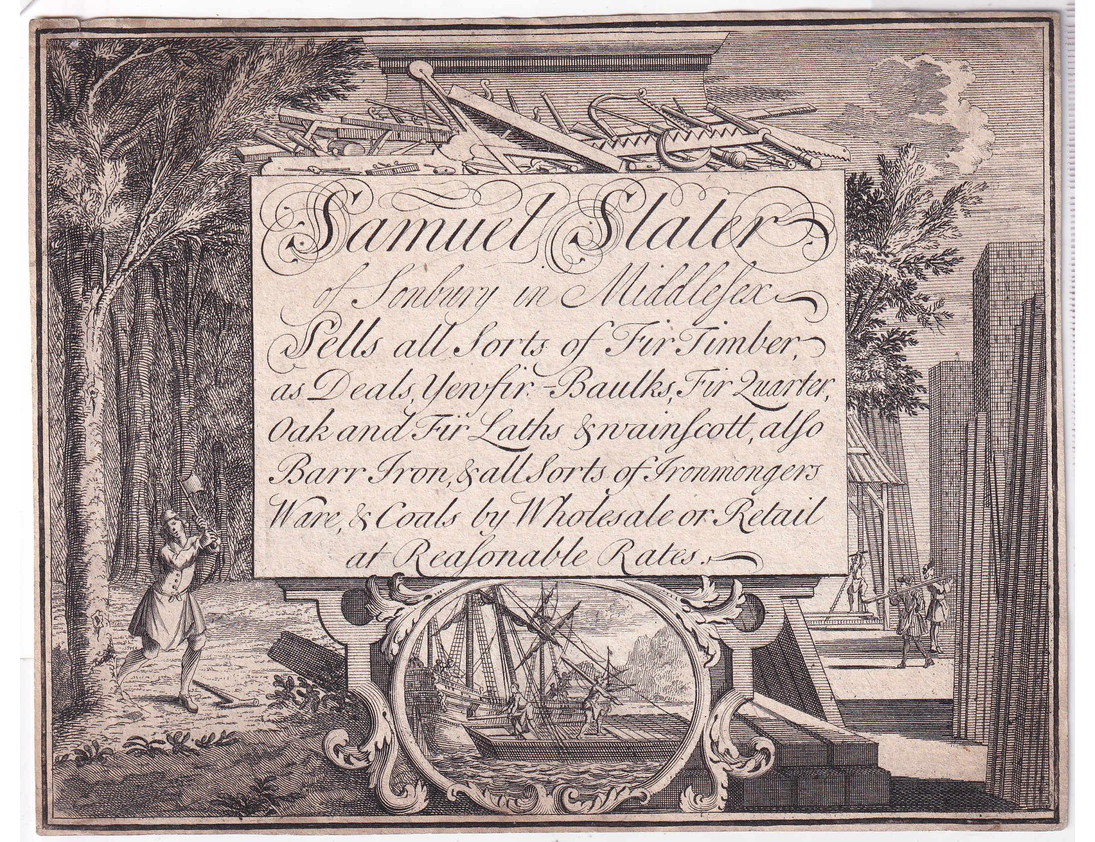 Georgian Trade Card Samuel Slater Sunbury Middlesex Timber Merchant c1750