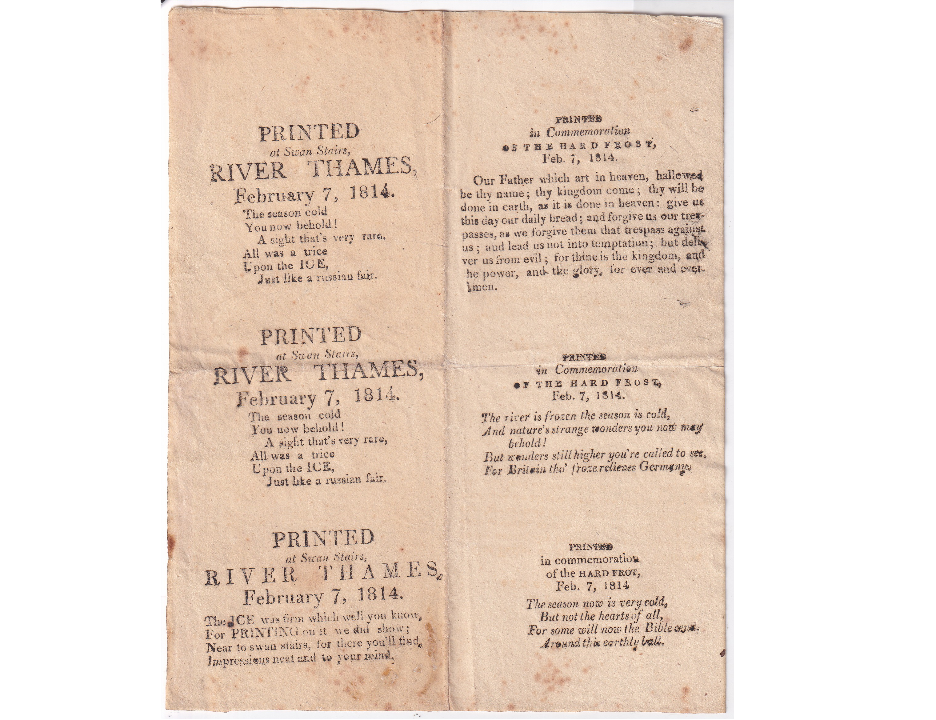 Feb 7 1814 Thames Frost Fair Uncut Sheet 6 Tickets Swan Stairs Georgian Souvenir