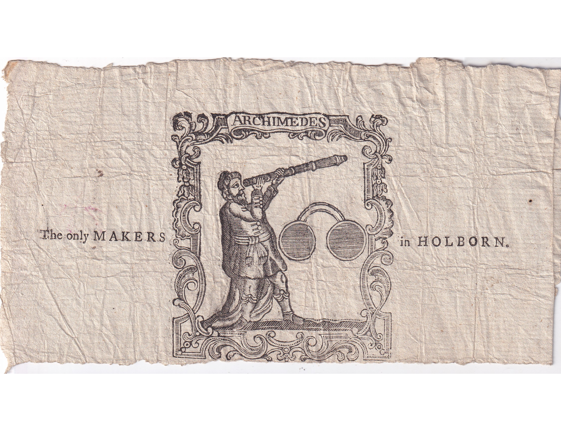 c1760s John Jones Archimedes Holborn Spec Optician Trade Card Telescope Georgian